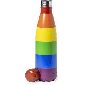 A drink bottle with a rainbow striped design and a brown cap. It features a sleek, stainless steel body.