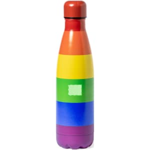 A drink bottle featuring a vibrant rainbow design with stripes in red, orange, yellow, green, blue, and purple.