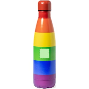 A drink bottle featuring a vibrant rainbow pattern with a sleek design and a black lid. It has a logo on the surface.