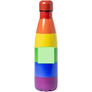 A drink bottle featuring a rainbow striped design, with a rounded shape and a black cap. It has a logo on the front.