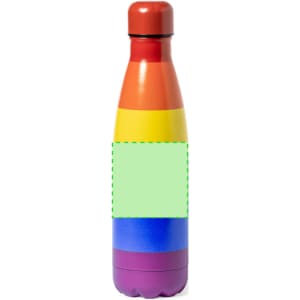 A drink bottle with a rainbow gradient of red, orange, yellow, green, blue, and purple, featuring a blank section for customisation.