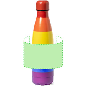 A drink bottle featuring a rainbow design with red, orange, yellow, green, blue, and purple sections and a branding logo.
