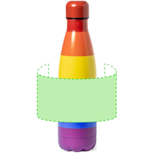A drink bottle featuring a vibrant rainbow design with red, orange, yellow, green, blue, and purple colours. It has a logo.