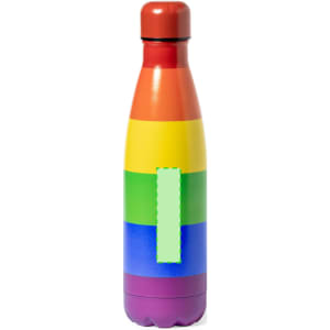 A drink bottle in rainbow colours featuring horizontal stripes and a black lid. It includes a logo on the front.