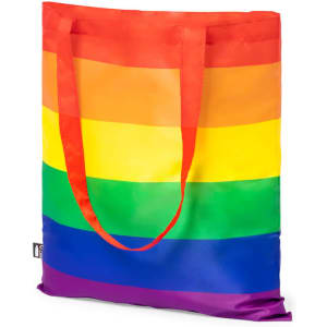 A reusable grocery bag featuring vibrant rainbow stripes in red, orange, yellow, green, blue, and purple, with two handles.