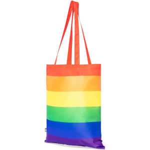 A reusable grocery bag featuring bold rainbow stripes with red handles and a logo.