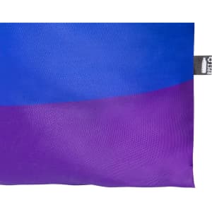 A reusable grocery bag in vibrant blue and purple hues, featuring a logo.