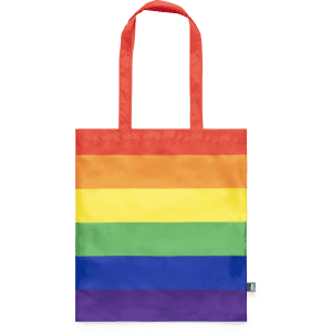 A reusable grocery bag featuring horizontal stripes in red, orange, yellow, green, blue, and purple, with red handles.