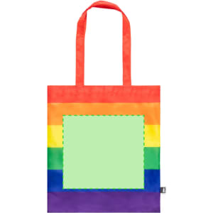A reusable grocery bag featuring stripes in rainbow colours with an empty green square and a logo.