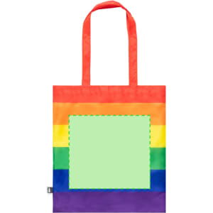 A reusable grocery bag in rainbow colours with a blank green patch in the centre and contrasting handles.