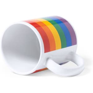 A coffee mug in white with a vibrant rainbow stripe design, featuring a handle and a logo.