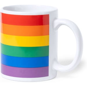 A coffee mug featuring a rainbow-striped design with a white handle and a glossy finish.