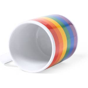 A coffee mug featuring a vibrant rainbow stripe design and a handle, with a glossy white interior.