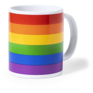 A coffee mug featuring horizontal stripes in rainbow colours, with a white handle and interior.