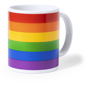 A coffee mug featuring horizontal stripes in rainbow colours with a white handle. Includes a logo on the side.