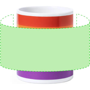 A coffee mug featuring vibrant red, orange, and purple stripes, complete with a branding logo.