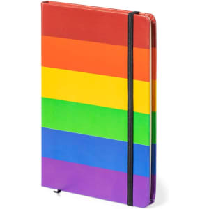 A notepad featuring a rainbow stripe design in red, orange, yellow, green, blue, and purple, with a black elastic band.