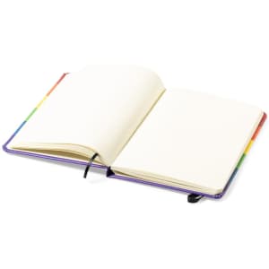 An open Locomix Notepad featuring blank pages and a vibrant rainbow spine, with a black elastic closure.