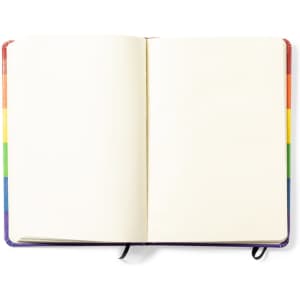 A notepad with a rainbow-coloured spine and blank white pages, featuring a ribbon bookmark.