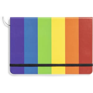 A notepad featuring a rainbow-striped design with a black elastic band and a logo.