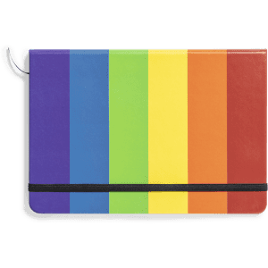 A colourful notepad featuring a rainbow-striped design with a black elastic band and a logo.