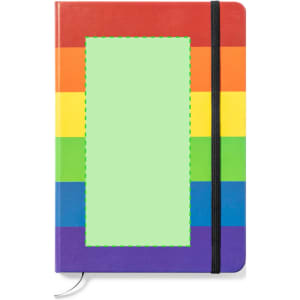 A notepad featuring a colourful rainbow striped cover with a black elastic band. It includes a blank green space.