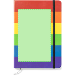 A notepad with a rainbow striped cover featuring a green placeholder on the front and a black elastic band.