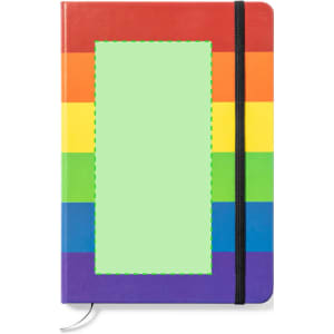 A notepad with a rainbow-striped cover, featuring a black elastic band and a blank rectangular space.