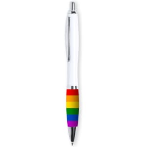 A pen with a white body and a rainbow-striped grip, featuring a silver clip and ballpoint tip.