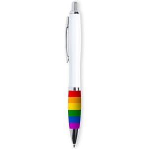 A white pen with a rainbow-striped grip and a logo on the barrel.