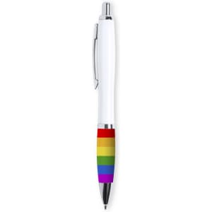 A pen featuring a white barrel and a rainbow-striped grip, with a silver clip and tip. It has a logo on the barrel.