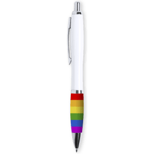 A pen featuring a white body and a rainbow-striped grip, with a silver clip and tip. It has a logo on the side.