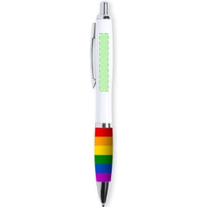 A pen with a white barrel, silver accents, and a rainbow-striped grip. It features a logo on the barrel.