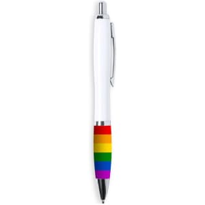 A pen with a rainbow-striped grip and a white barrel, featuring a silver clip and tip.