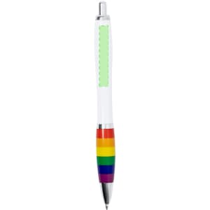A pen with a white body and a rainbow-striped grip, featuring a silver clip and a branding logo.