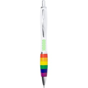 A pen with a silver clip and a rainbow-coloured barrel, featuring a green section. It has a logo on the clip.