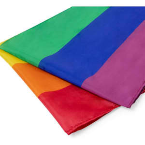 A vibrant flag featuring stripes in red, orange, yellow, green, blue, and purple. It has a logo on it.