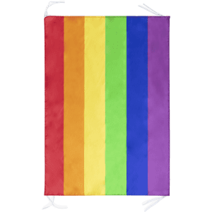 A rainbow flag featuring red, orange, yellow, green, blue, and purple stripes, with ties at the top and bottom.