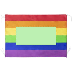 A rectangular flag featuring rainbow stripes in red, orange, yellow, green, blue, and purple. It has a blank green centre and ties.