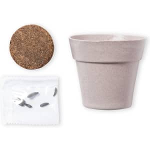 A grey flowerpot accompanied by a round growing plug and a packet of seeds. Includes branding on the pot.