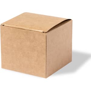 A square, brown cardboard box with a fold-over flap on top, positioned at an angle.