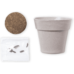 A grey flowerpot, a pressed soil disc, and a packet of seeds, arranged together for planting.