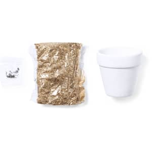 A white flowerpot, a packet of seeds, and a bag of golden potting mix are displayed together.