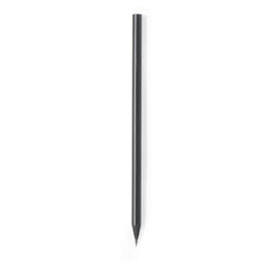 A grey lead pencil with a sharp tip, featuring a simple design and a logo.