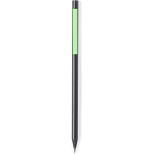 A grey lead pencil with a black body and a green accent, featuring a logo.