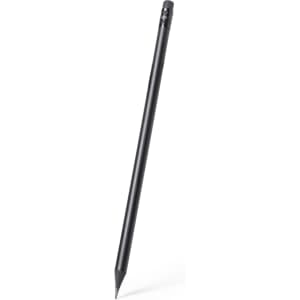 A grey-lead pencil features a sleek black design and a sharpened tip, with a logo near the top.