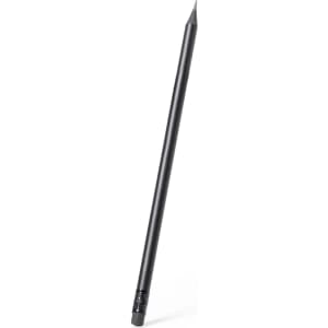 A grey-lead pencil in black with an eraser at the end and a sharpened tip, featuring a logo.