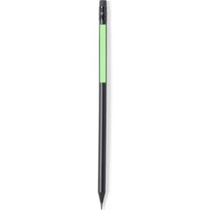 A grey-lead pencil featuring a black body and a green accent, topped with an eraser and a logo.