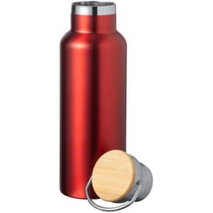 A drink bottle in a shiny red finish with a silver top and a bamboo-style cap on the side. It features a logo.