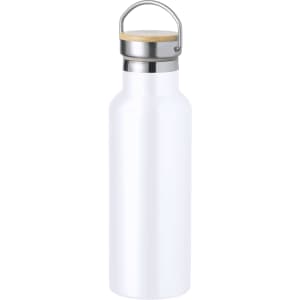 A drink bottle in white with a stainless steel lid and wooden accent, featuring a metal handle.
